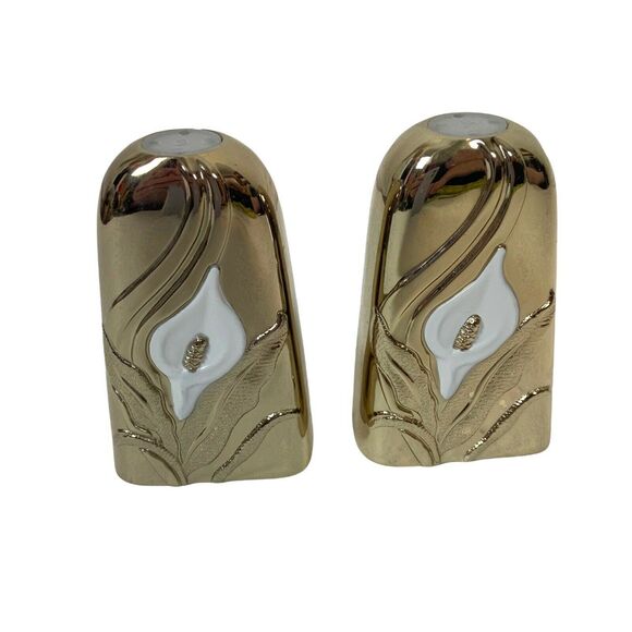 Art Nouveau Salt & Pepper Shakers Set Vtg Gold Tone White Calla Lily Decorative - Picture 4 of 16